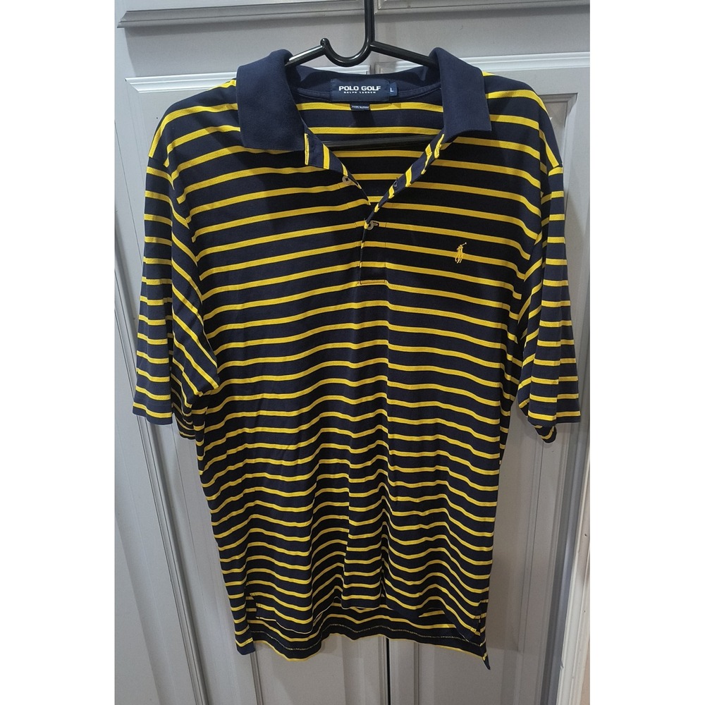 Polo Golf Ralph Lauren Mens Large Navy Blue Yellow Striped Cotton Polo Shirt